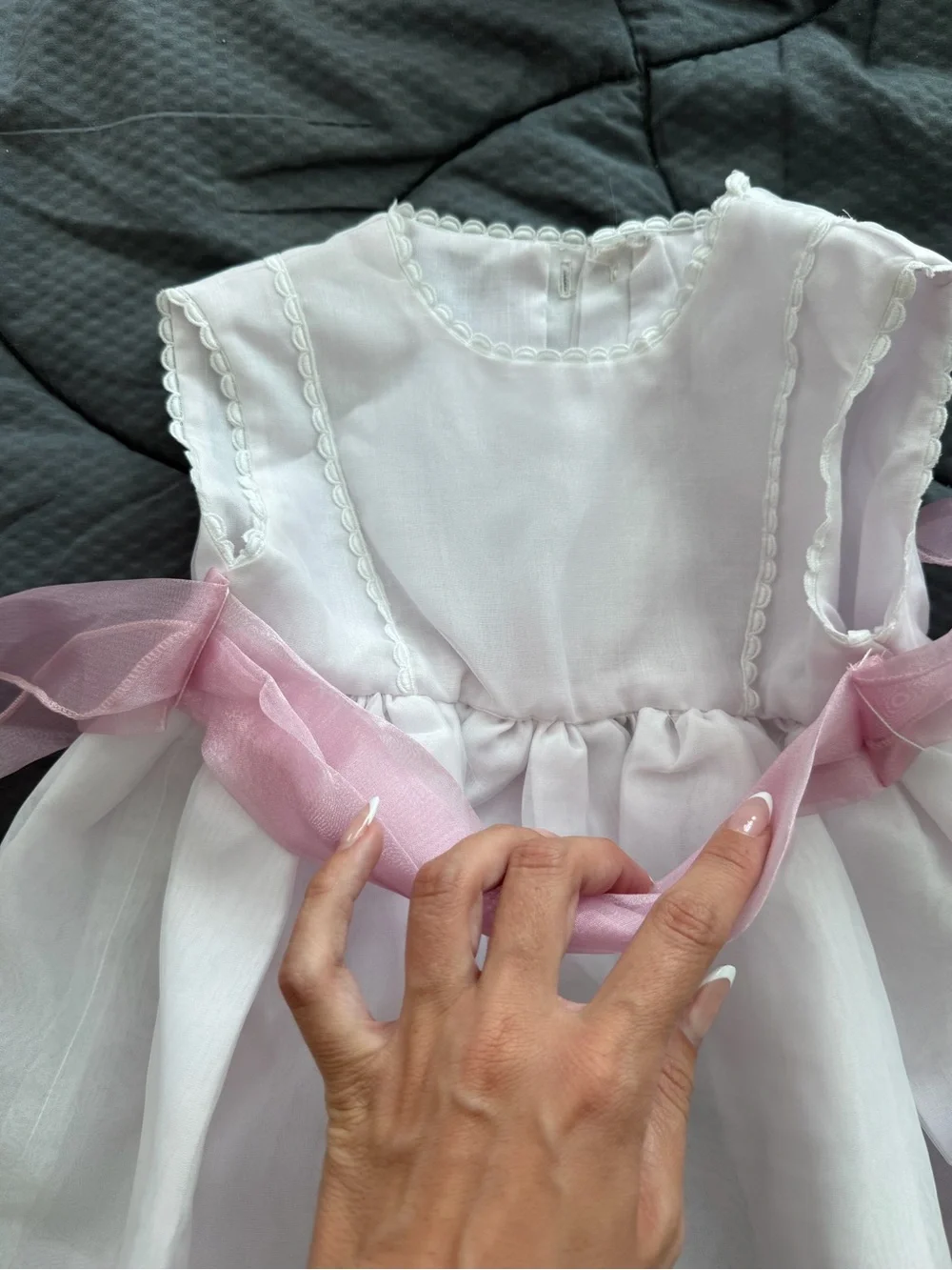 White & Pink Baby girl Dress with Pink Sash and Headpiece - handmade - NEW